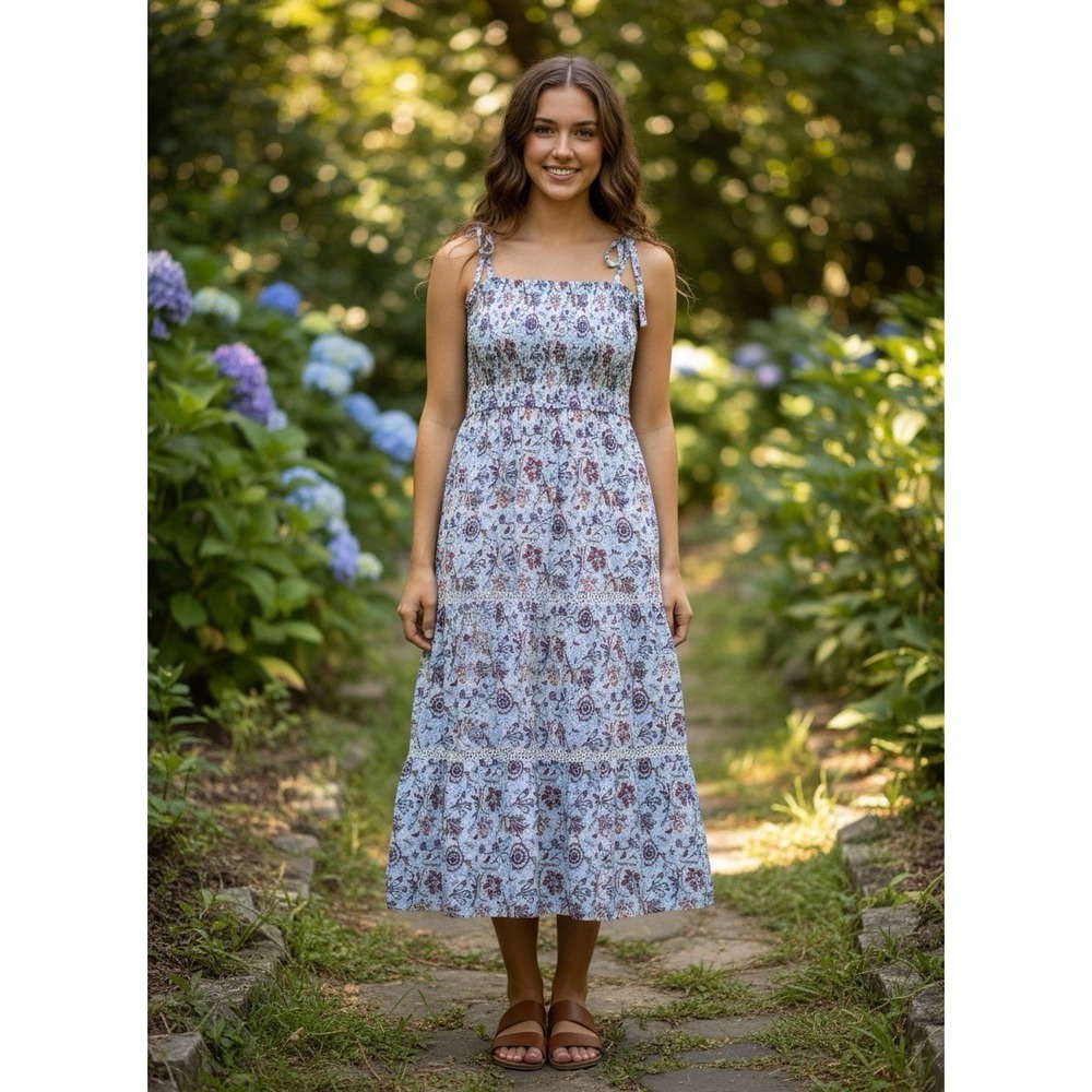 Womens Roller Rabbit Sketched Floral Tie-Shoulder Tiered Maxi A-Line Dress SzXXS